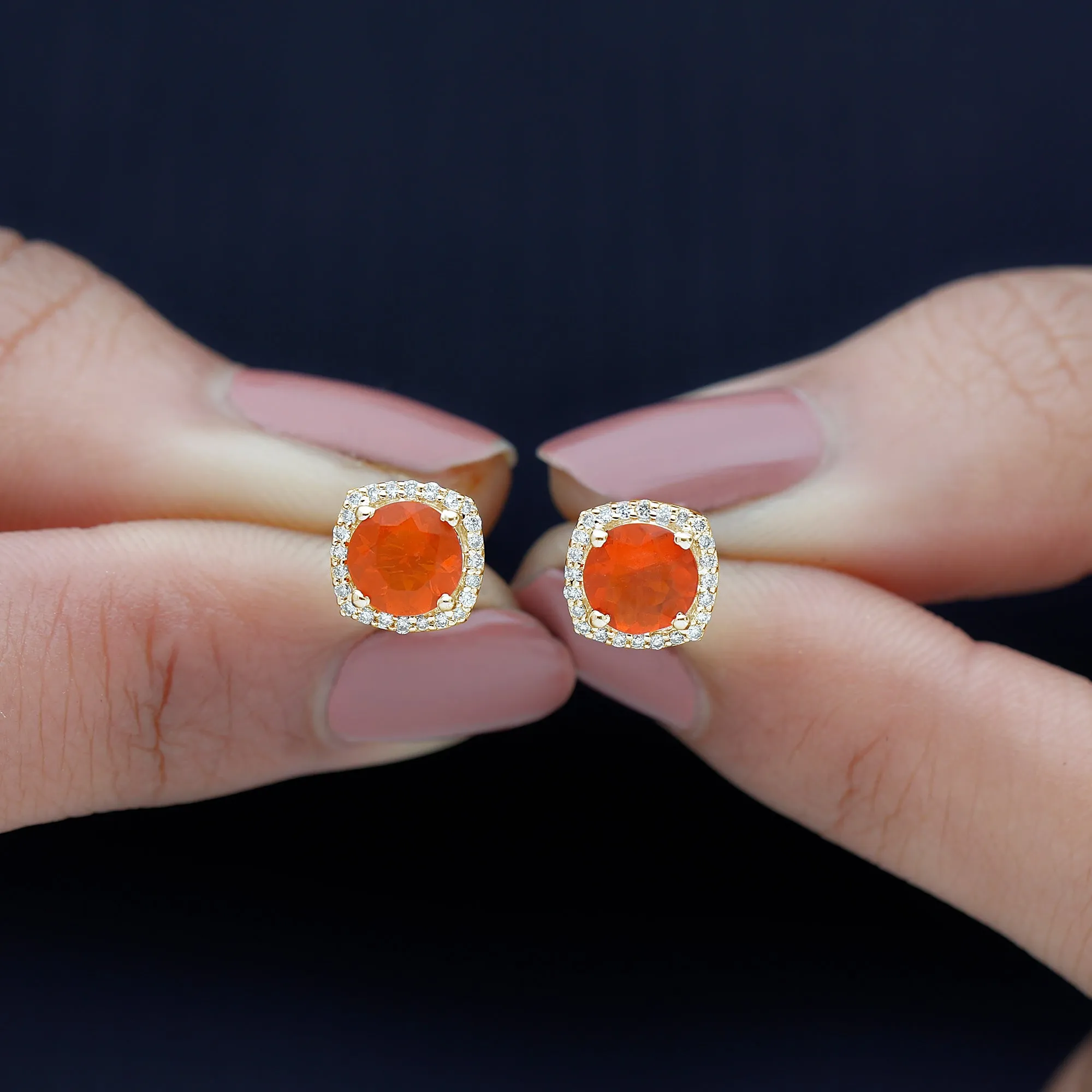 Round Fire Opal and Diamond Halo Stud Earrings