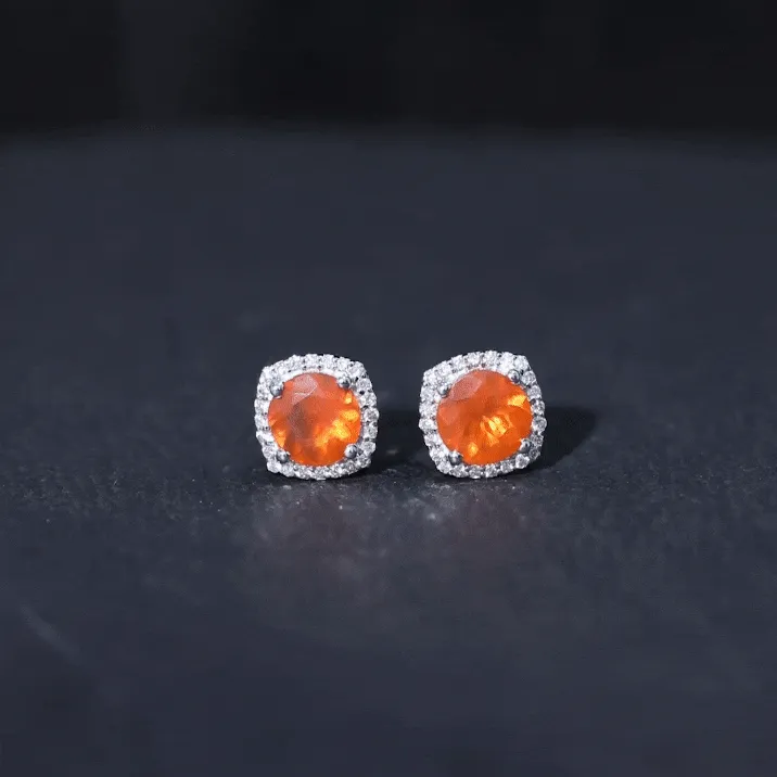 Round Fire Opal and Diamond Halo Stud Earrings