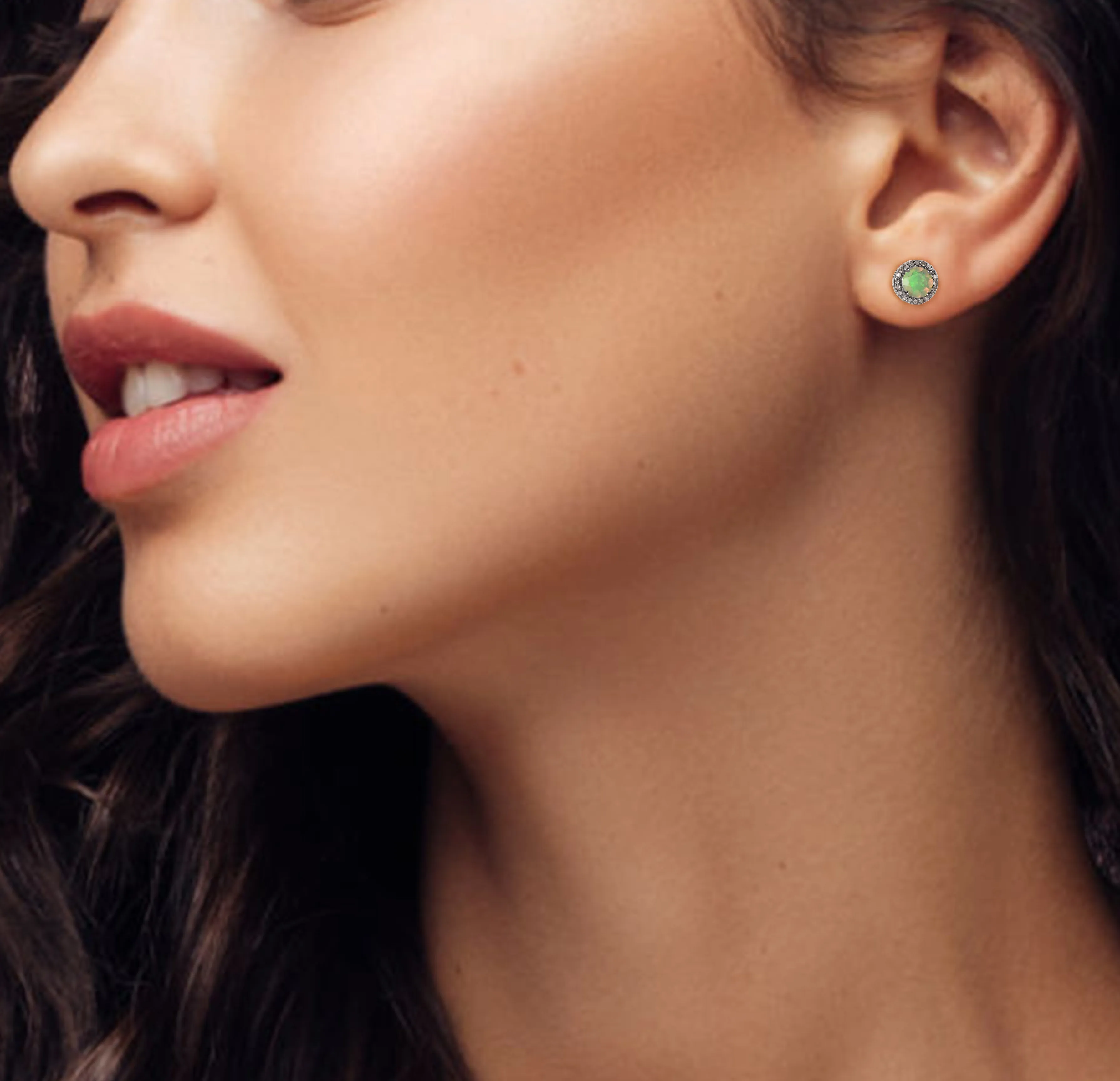 Round Opal Halo Stud Earrings