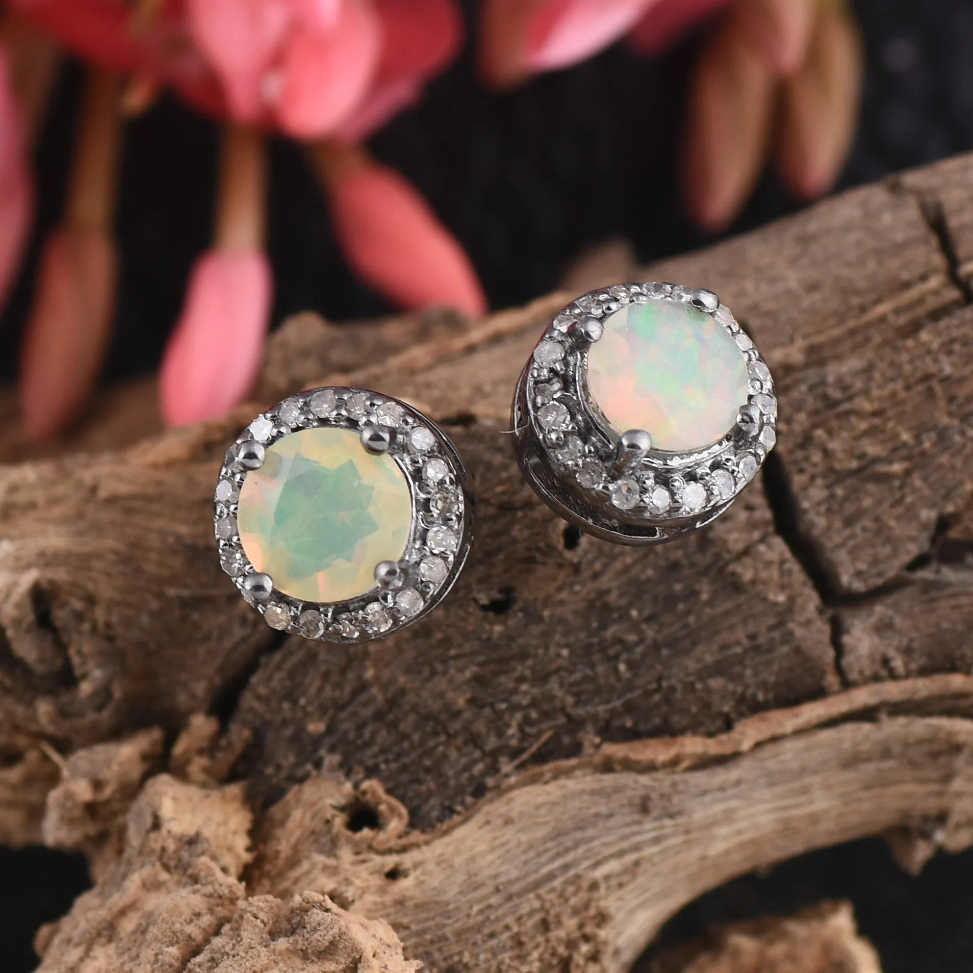 Round Opal Halo Stud Earrings