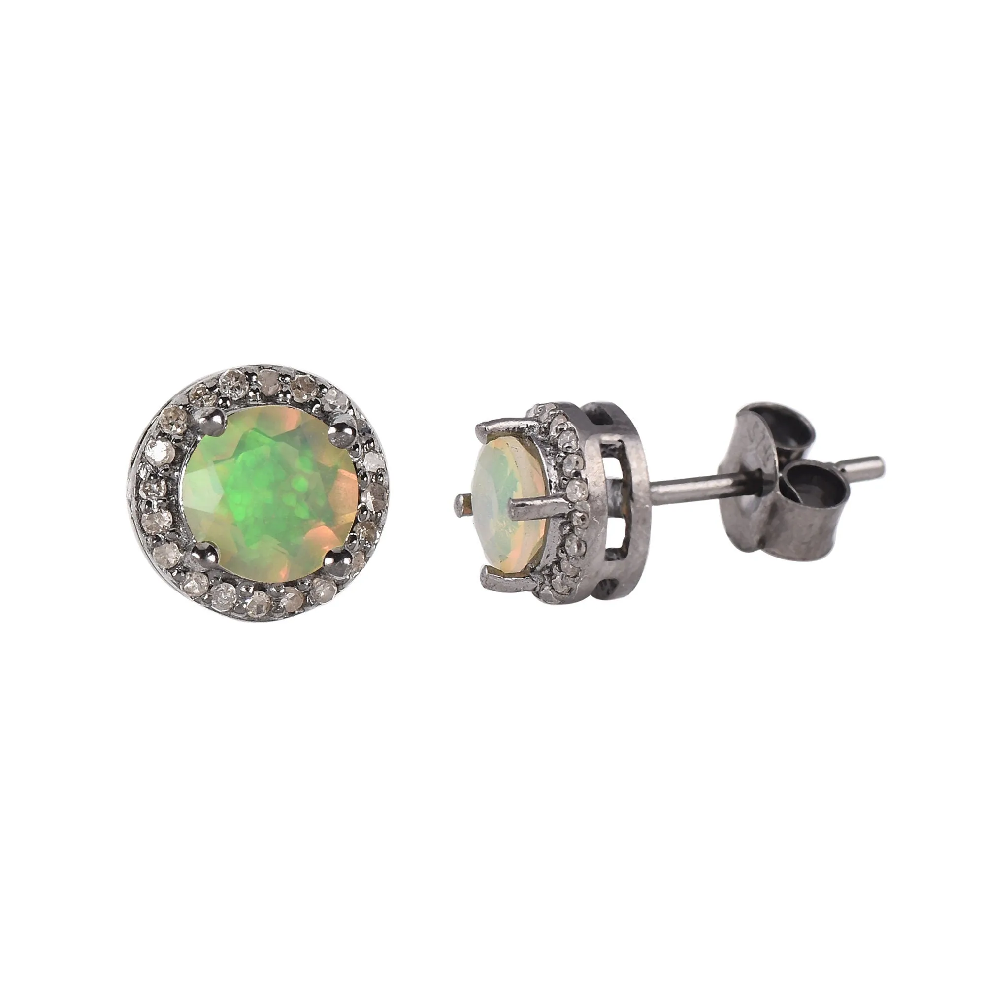 Round Opal Halo Stud Earrings