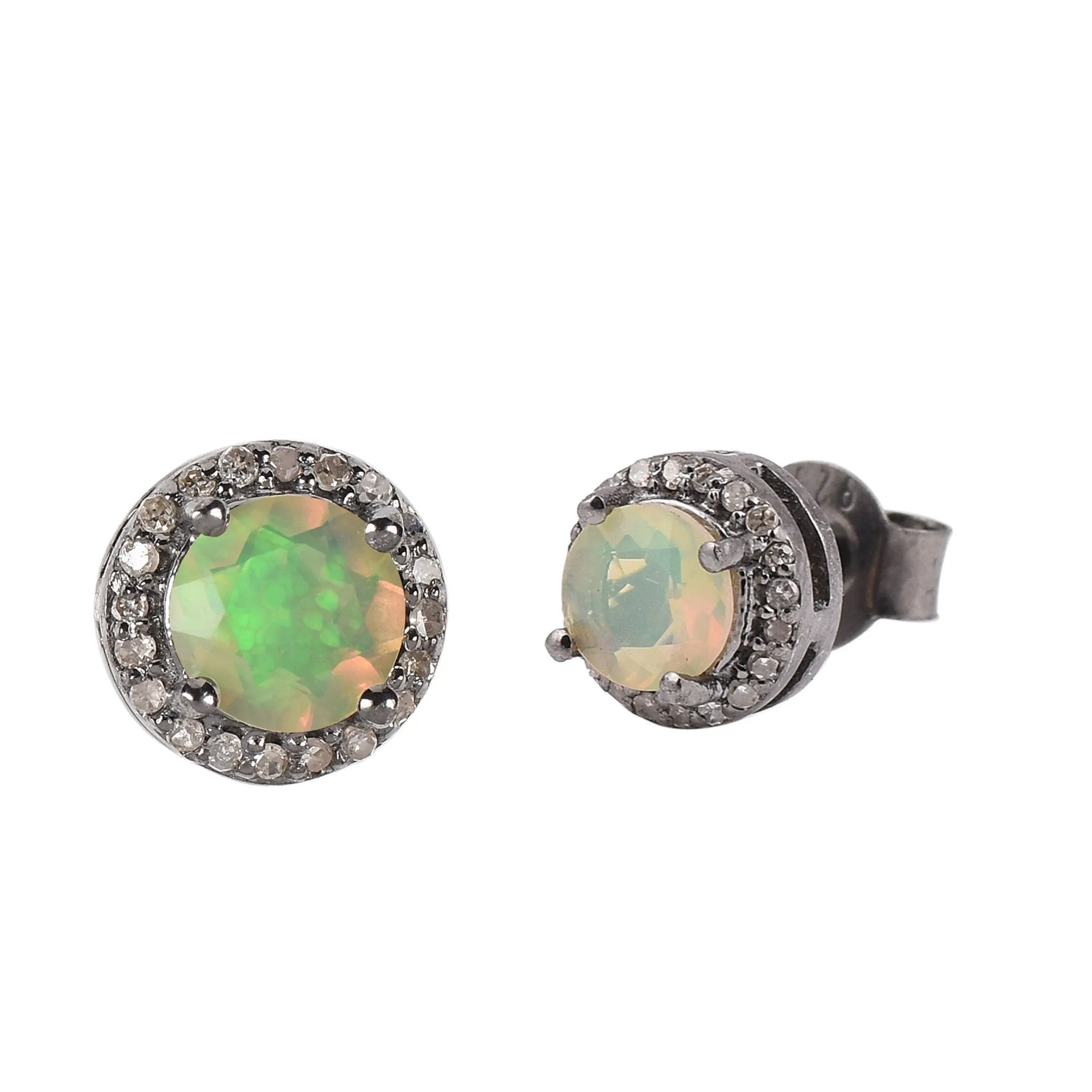 Round Opal Halo Stud Earrings