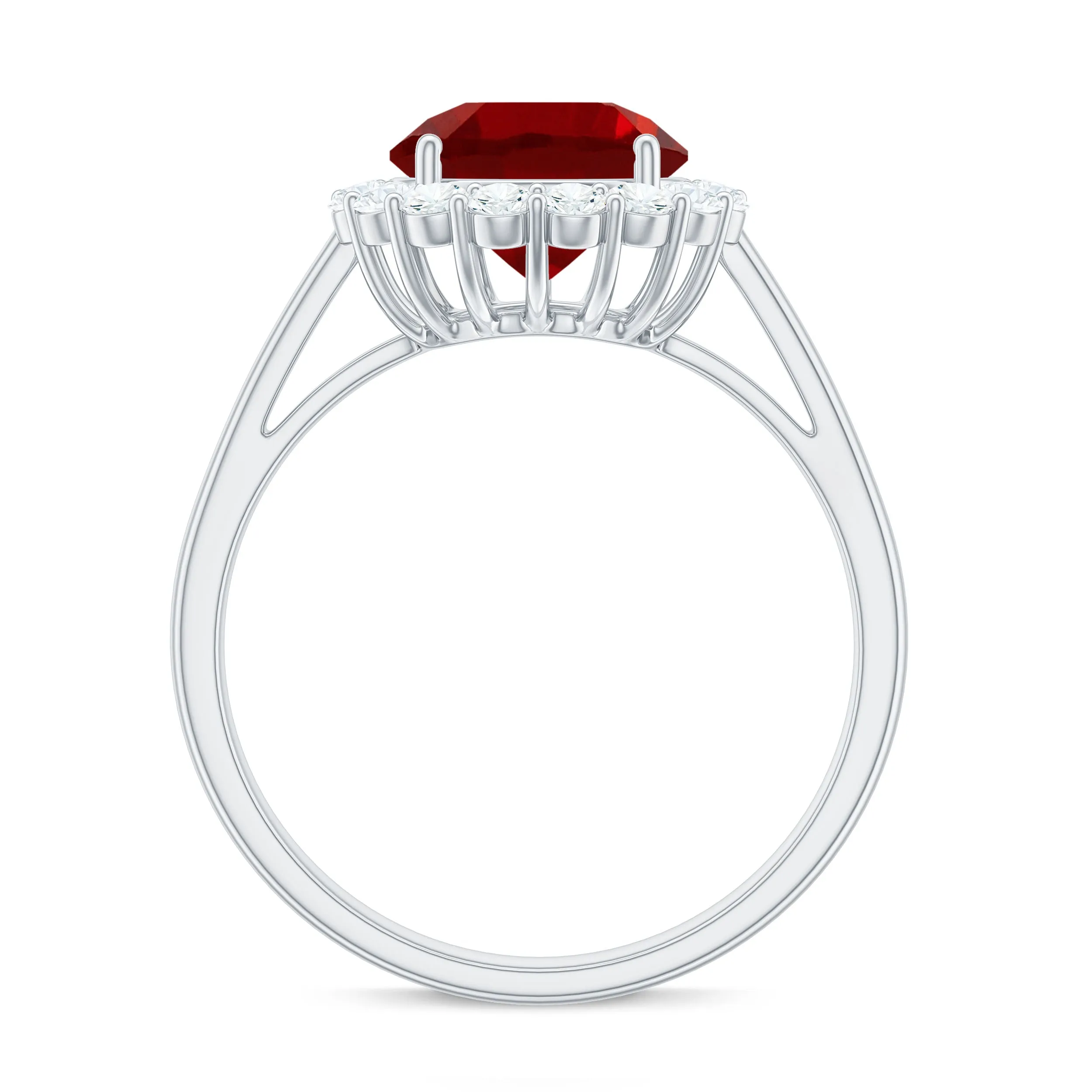Round Shape Lab-Created Ruby Simple Halo Ring with Diamond