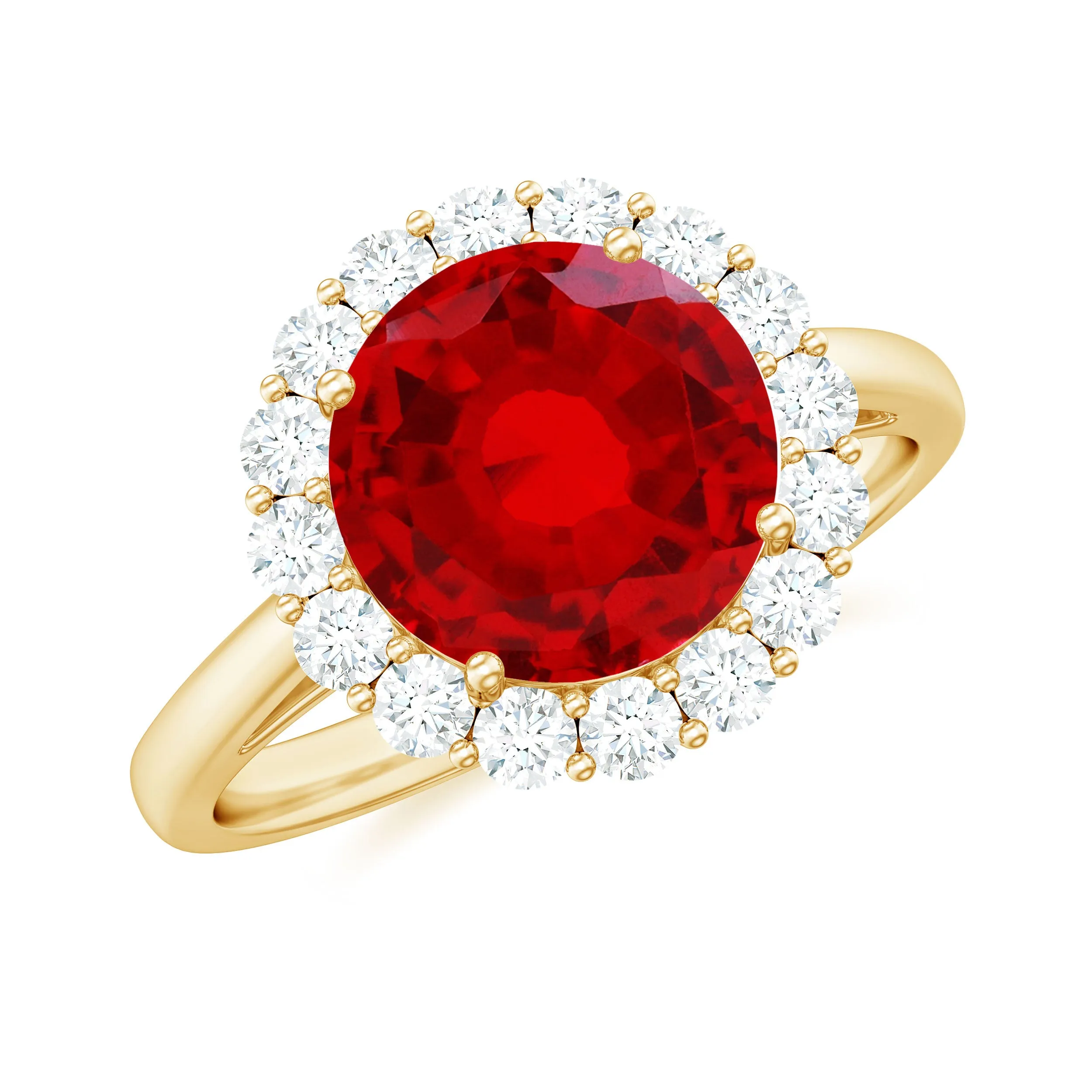 Round Shape Lab-Created Ruby Simple Halo Ring with Diamond