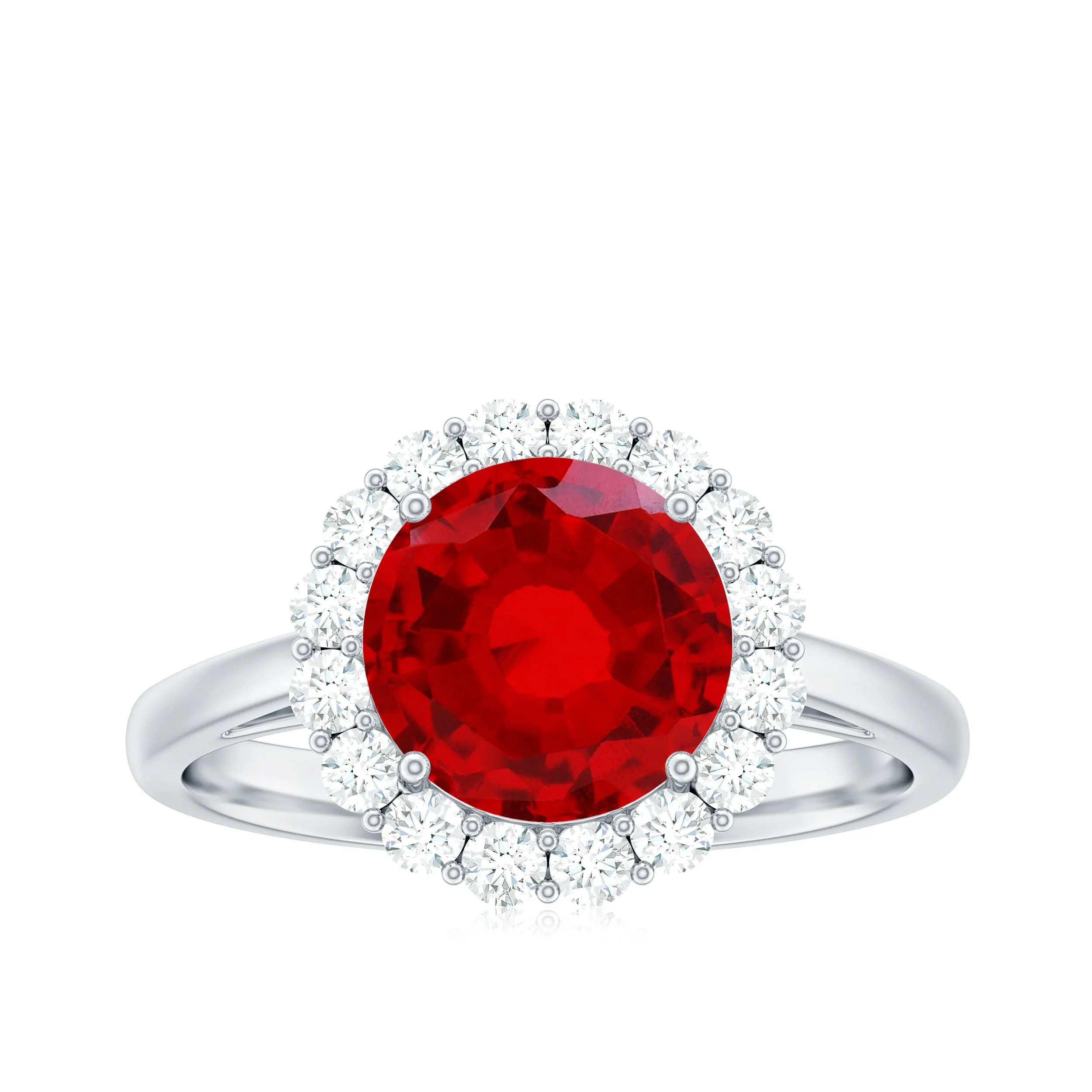 Round Shape Lab-Created Ruby Simple Halo Ring with Diamond