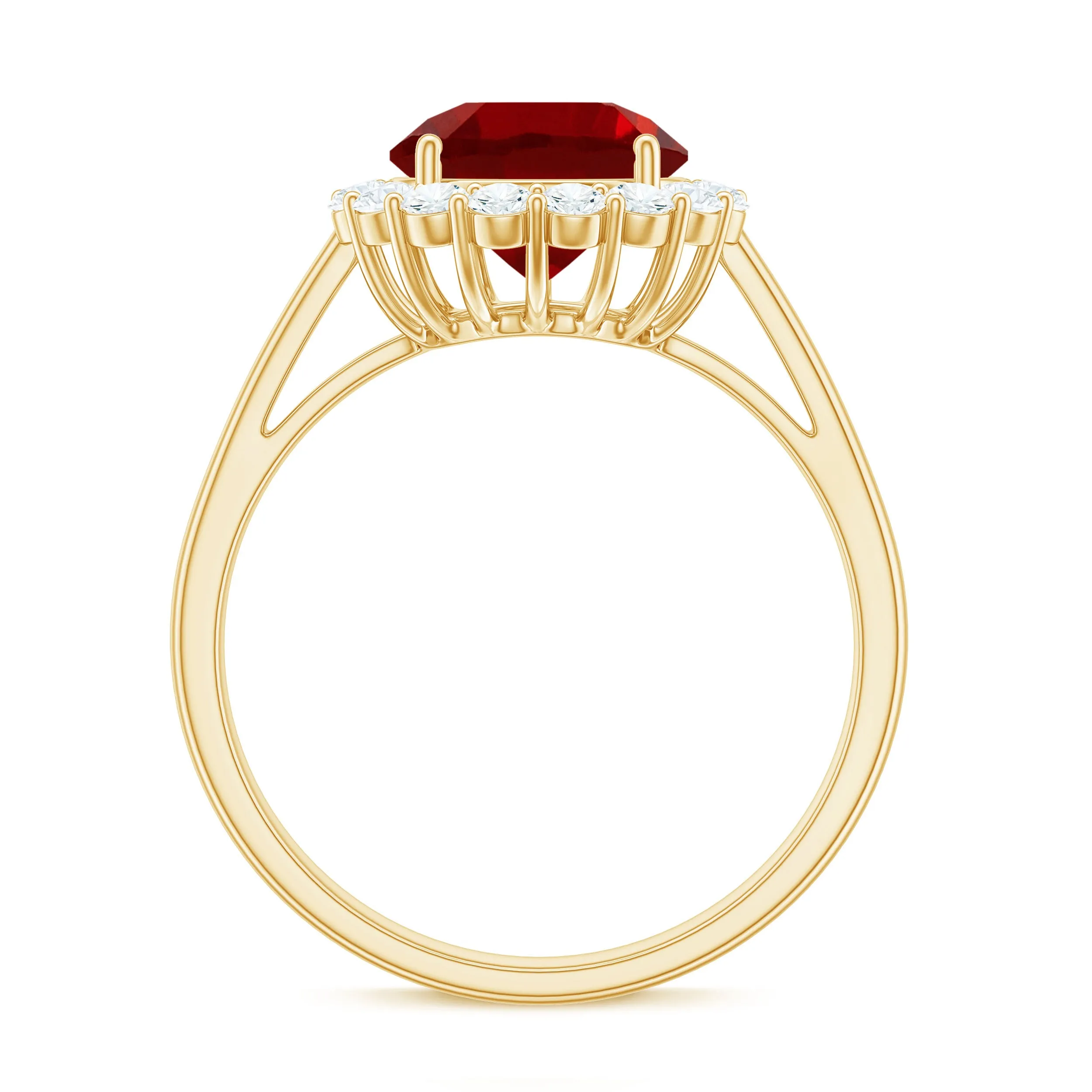Round Shape Lab-Created Ruby Simple Halo Ring with Diamond