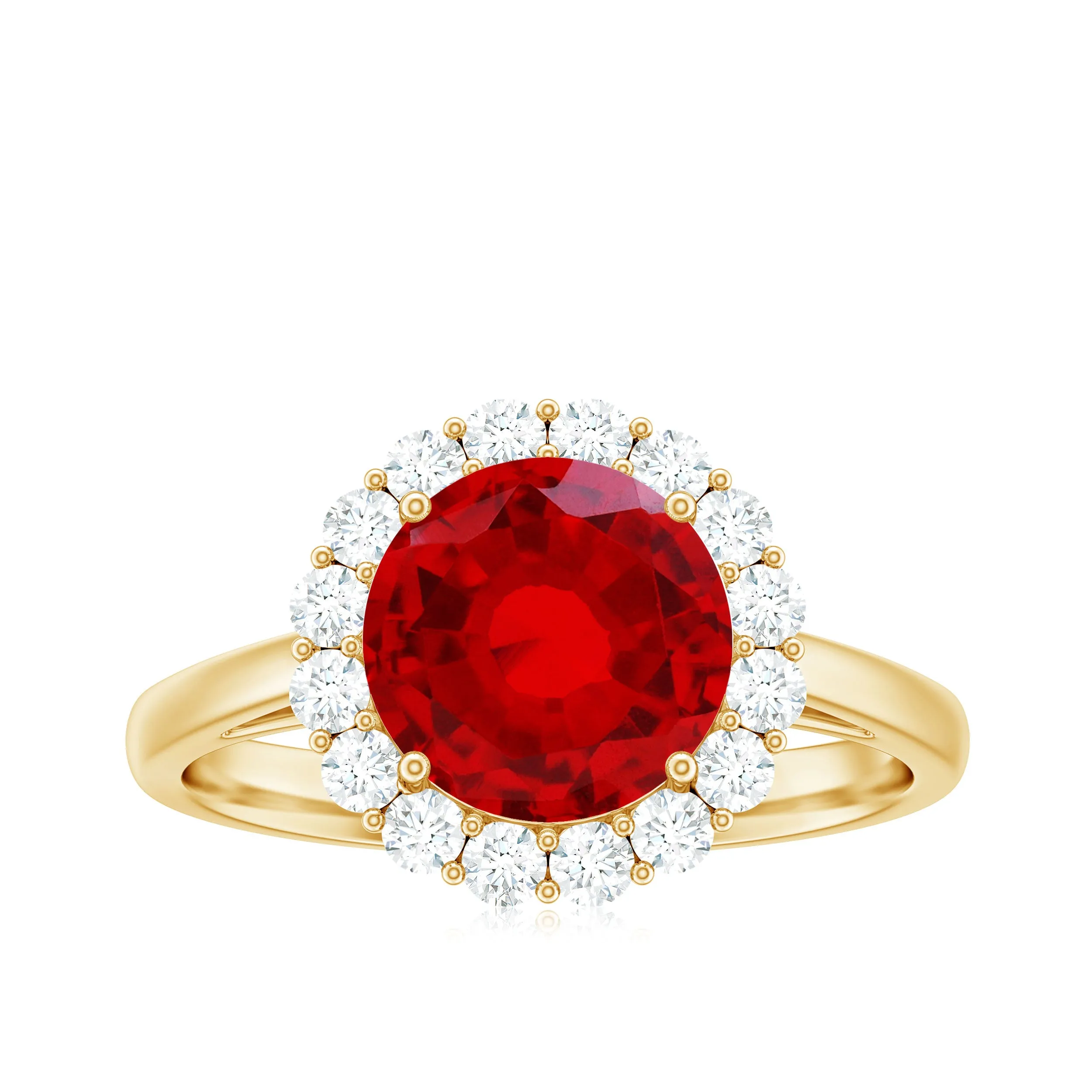 Round Shape Lab-Created Ruby Simple Halo Ring with Diamond