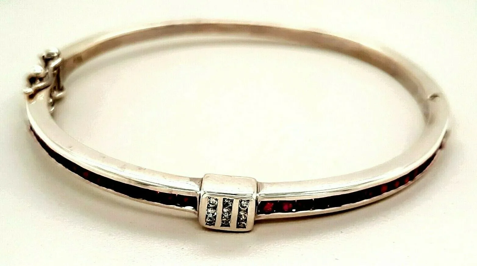 Ruby & Cubic Zirconia Sterling Silver Hinged Bangle Fine Jewellery Length 17cm