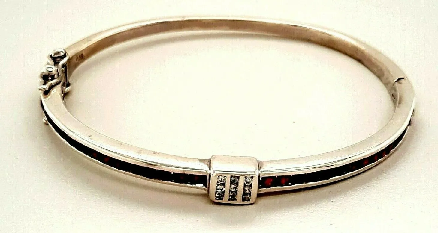 Ruby & Cubic Zirconia Sterling Silver Hinged Bangle Fine Jewellery Length 17cm