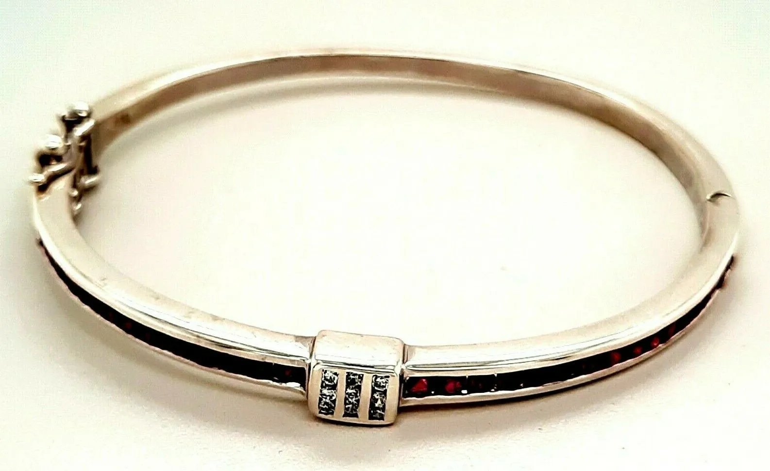 Ruby & Cubic Zirconia Sterling Silver Hinged Bangle Fine Jewellery Length 17cm