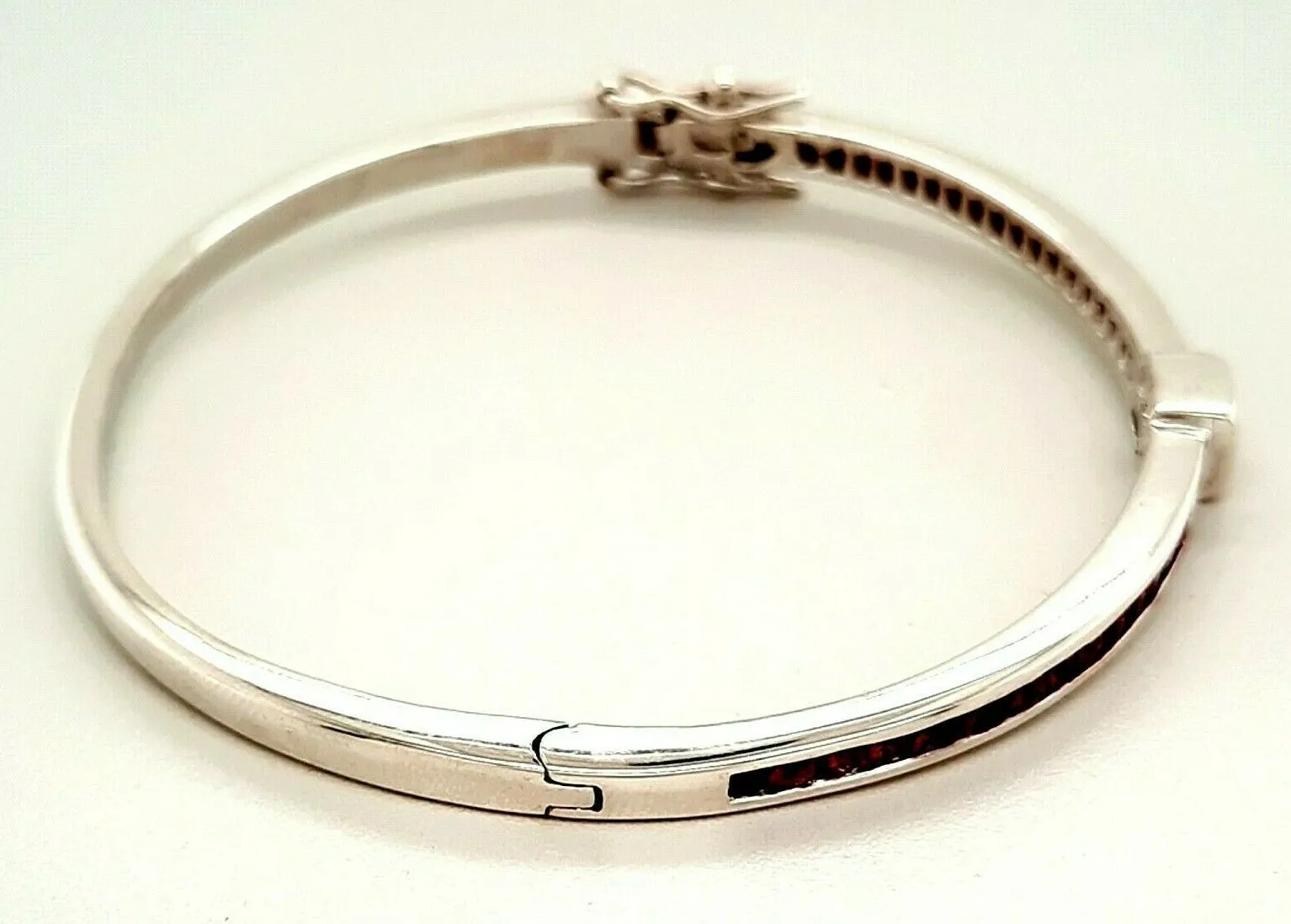 Ruby & Cubic Zirconia Sterling Silver Hinged Bangle Fine Jewellery Length 17cm