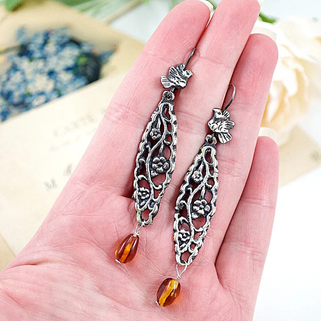 Silver Filigree Mold and Amber Drop Earrings