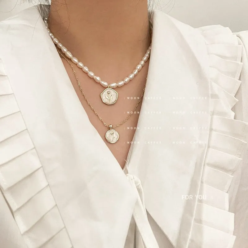 SISSLIA Elegant Pearl White Enamel Vintage Rose Gold Coin Freshwater Necklace for Women