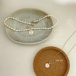 SISSLIA Elegant Pearl White Enamel Vintage Rose Gold Coin Freshwater Necklace for Women