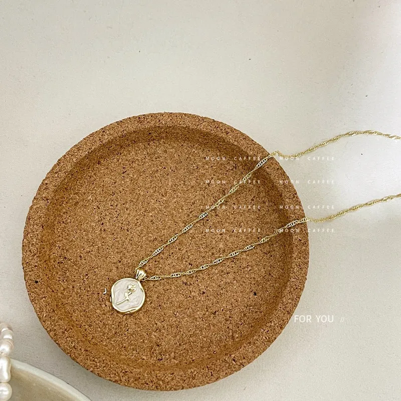 SISSLIA Elegant Pearl White Enamel Vintage Rose Gold Coin Freshwater Necklace for Women