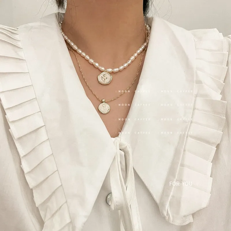 SISSLIA Elegant Pearl White Enamel Vintage Rose Gold Coin Freshwater Necklace for Women