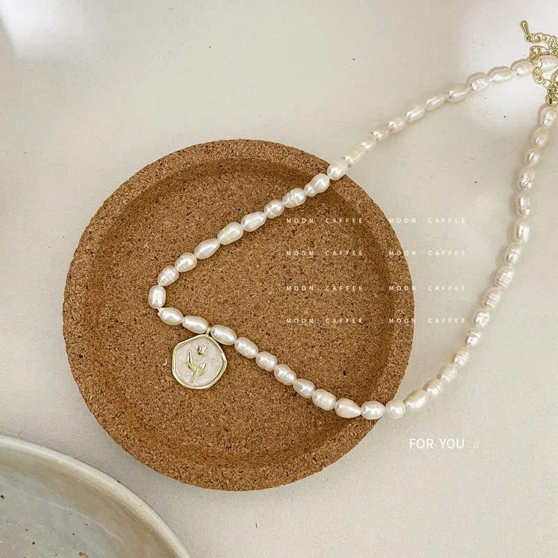 SISSLIA Elegant Pearl White Enamel Vintage Rose Gold Coin Freshwater Necklace for Women