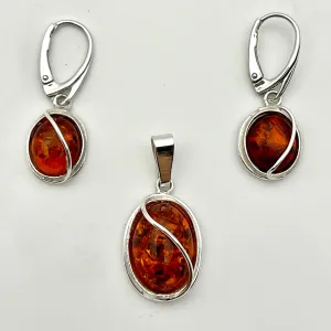 Sterling Silver Amber Ovals With Wire Earrings and Pendant