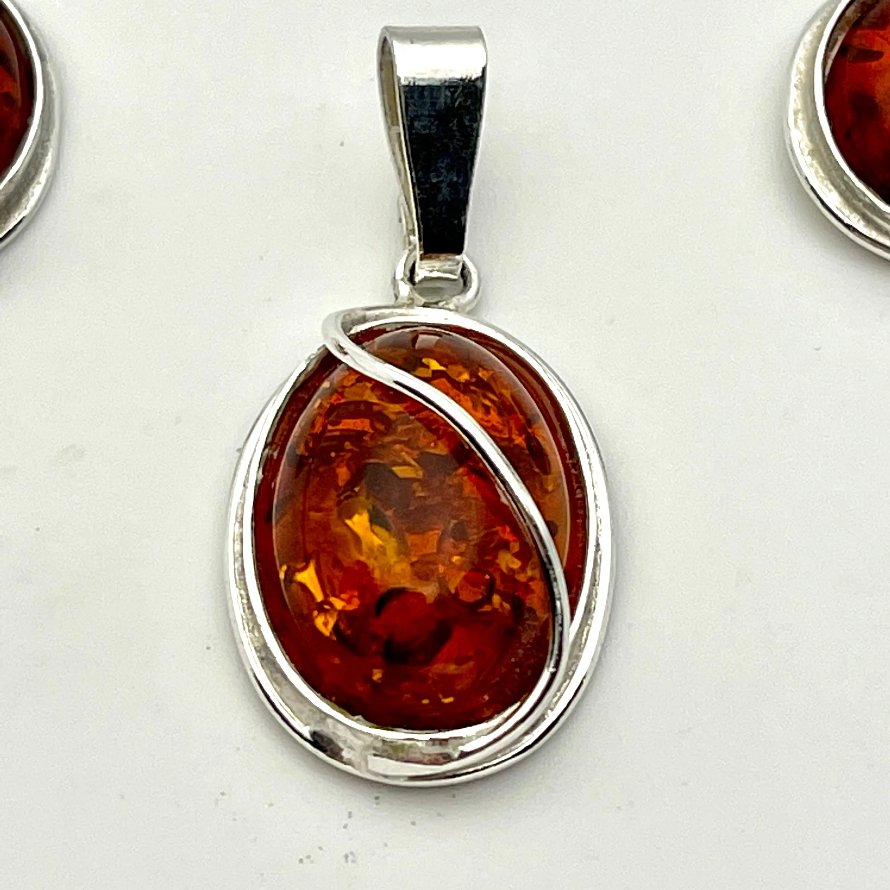 Sterling Silver Amber Ovals With Wire Earrings and Pendant