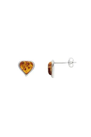Sterling Silver Cognac Amber Heart Stud Earrings