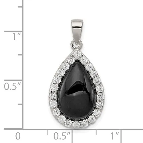 Sterling Silver CZ and Onyx Tear Drop Pendant