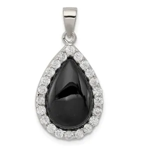 Sterling Silver CZ and Onyx Tear Drop Pendant