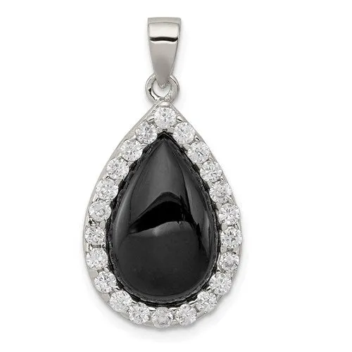 Sterling Silver CZ and Onyx Tear Drop Pendant