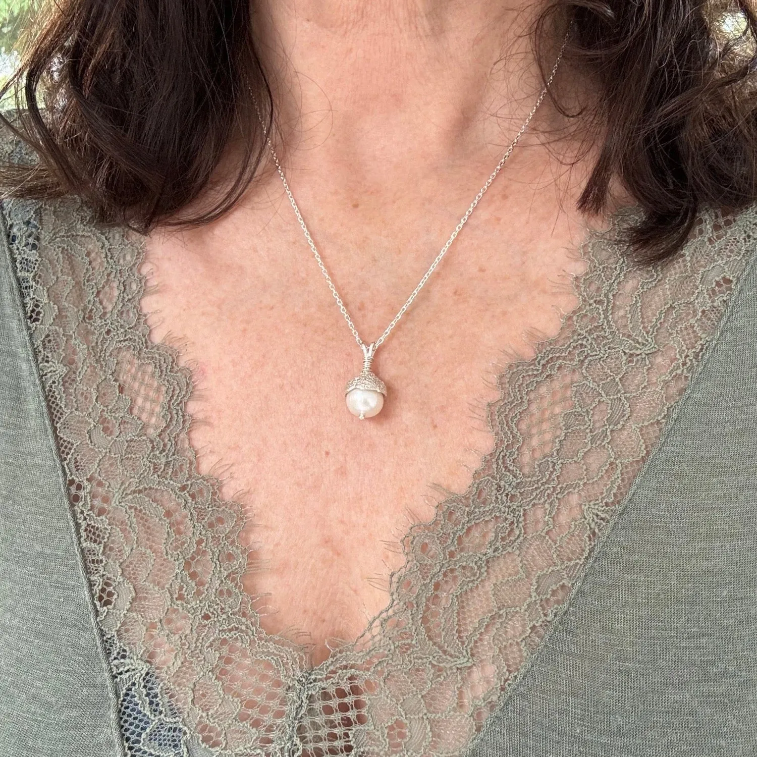 Sterling Silver Pearl Acorn Necklace
