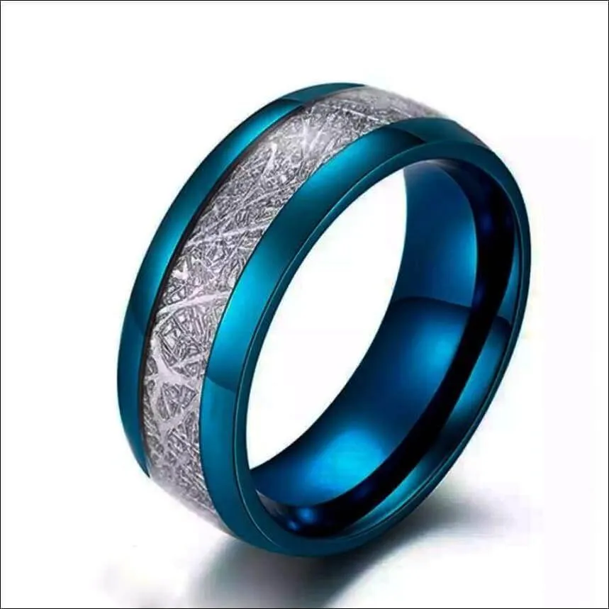 Tungsten Meteorite Ring in Blue, Black, Silver Tungsten Carbide Ring