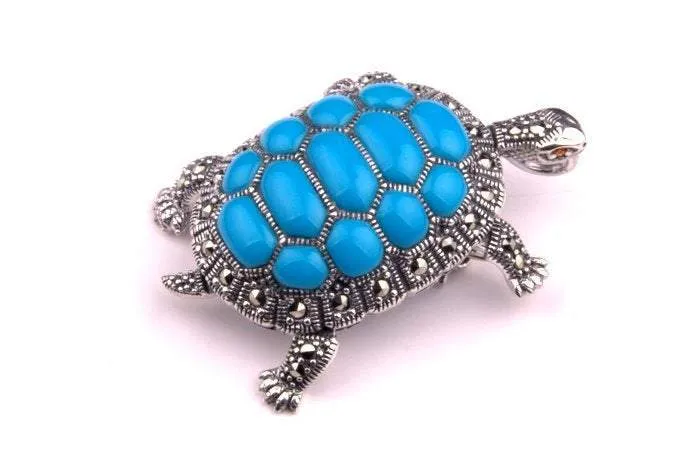 Turquoise Tortoise Brooch Silver Marcasite