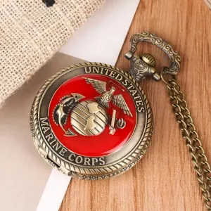 United State Marine Corp Full Hunter Vintage Quartz Pocket Watch with Chain