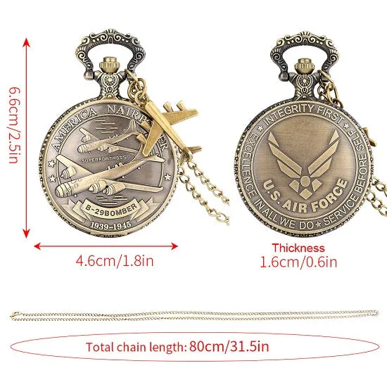 US Air Force Fighter Bronze Quartz Movement Pocket Watch