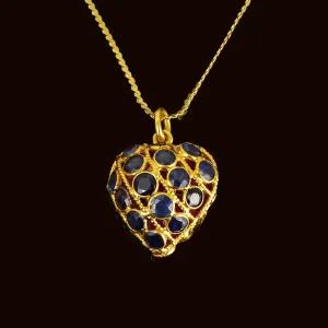 Vintage 14K Gold Filigree Ruby Sapphire Heart Pendant Necklace
