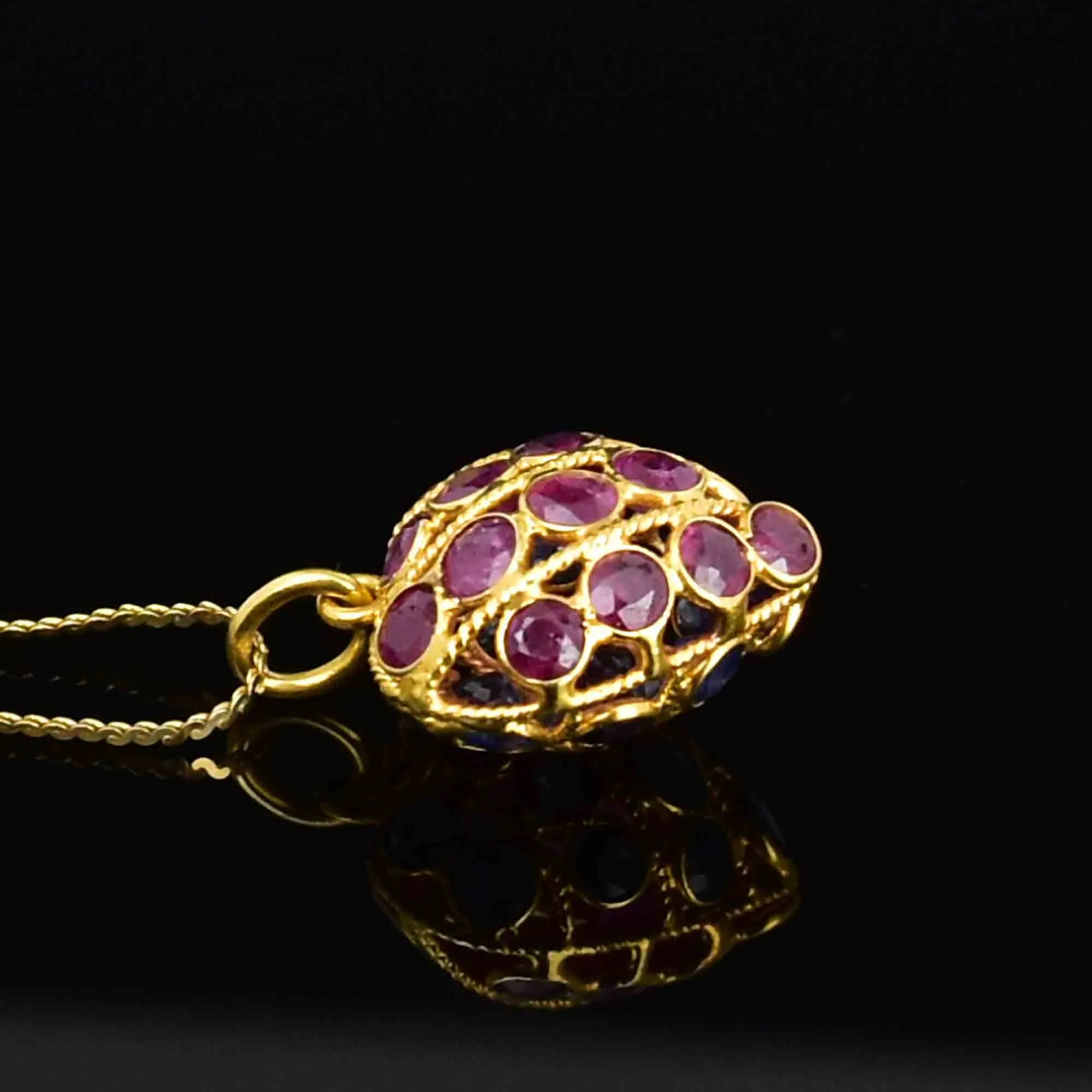 Vintage 14K Gold Filigree Ruby Sapphire Heart Pendant Necklace