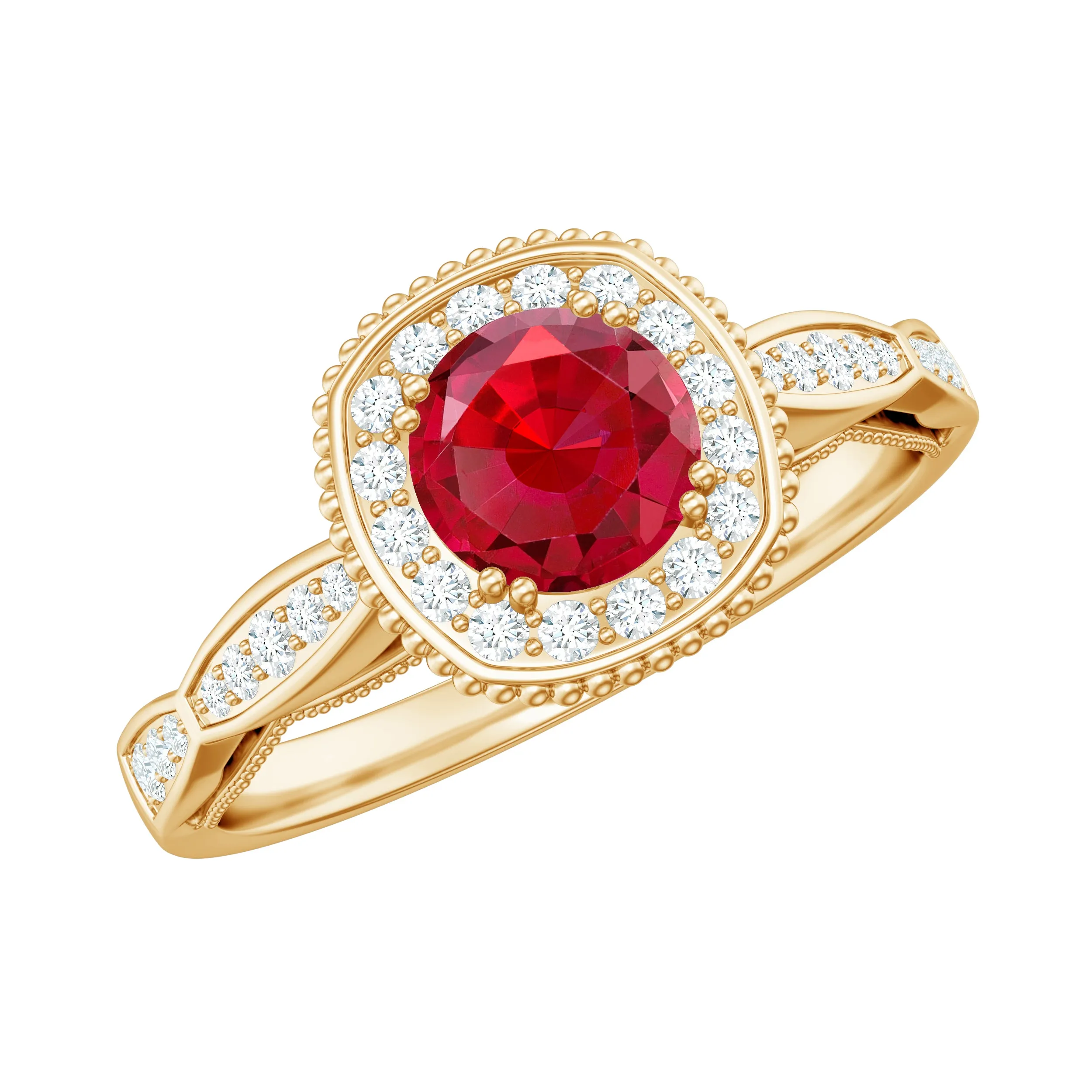 Vintage Inspired Round Created Ruby Engagement Ring with Diamond Halo