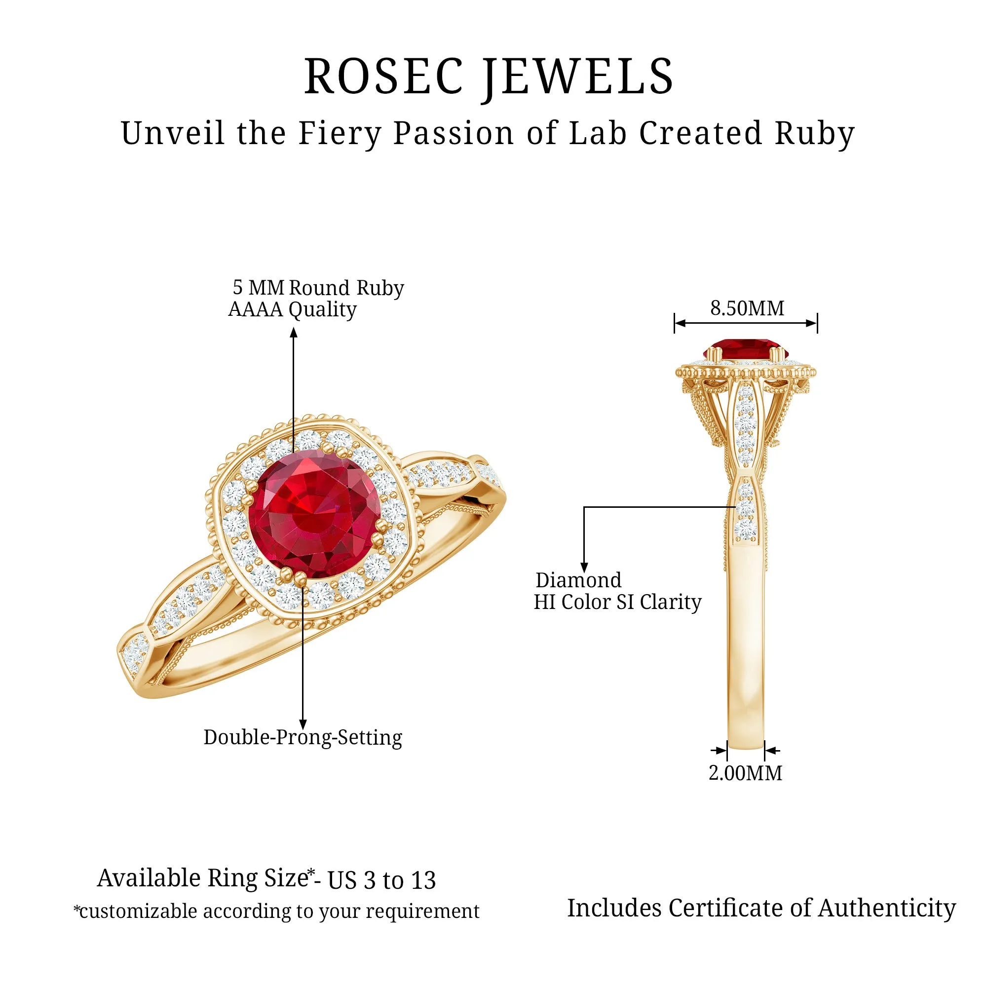 Vintage Inspired Round Created Ruby Engagement Ring with Diamond Halo