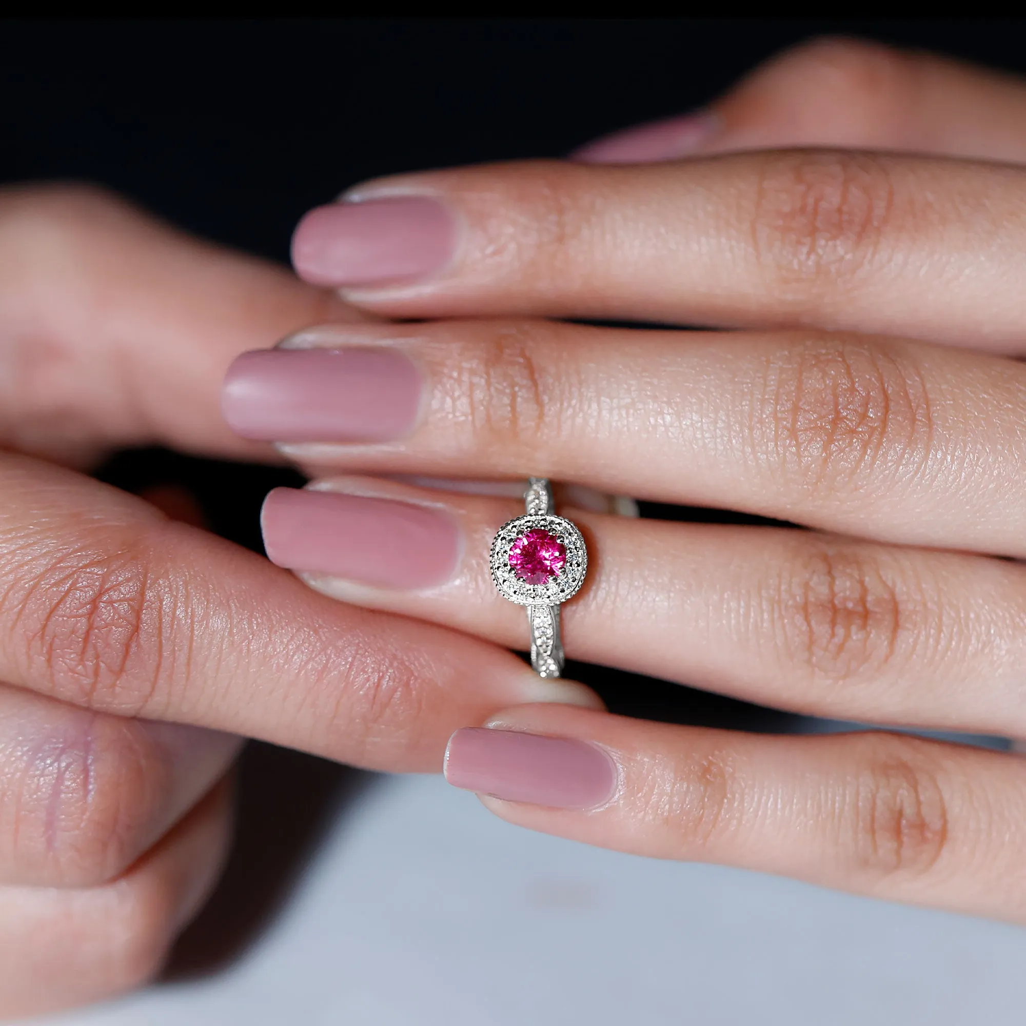 Vintage Inspired Round Created Ruby Engagement Ring with Diamond Halo