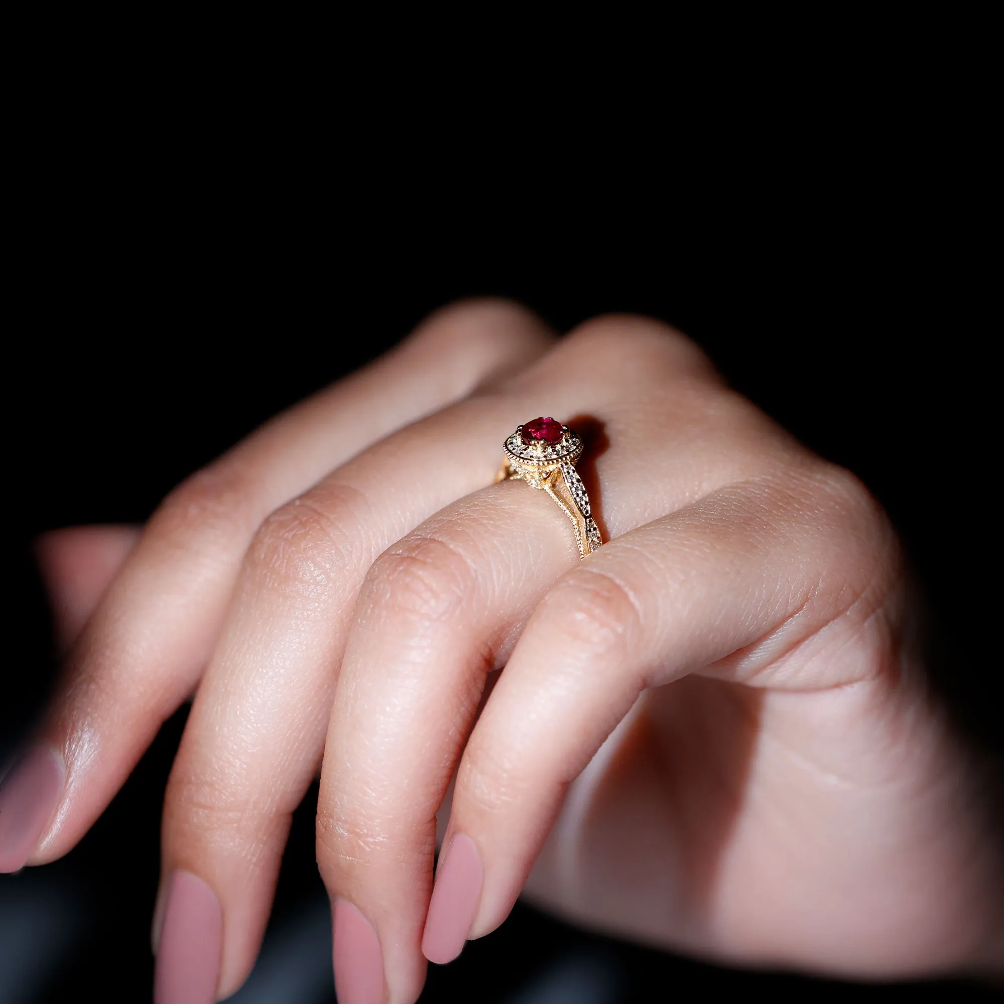 Vintage Inspired Round Created Ruby Engagement Ring with Diamond Halo