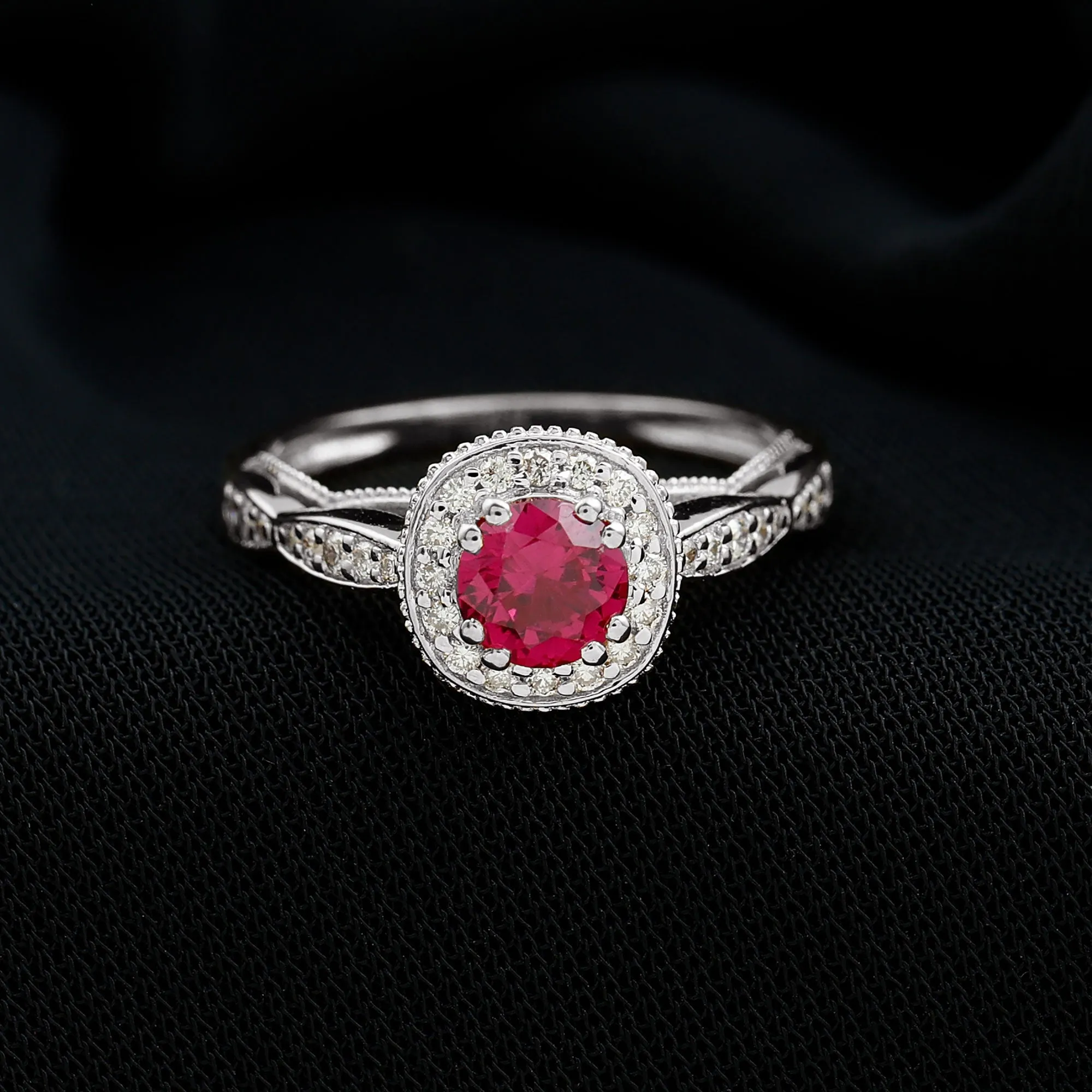 Vintage Inspired Round Created Ruby Engagement Ring with Diamond Halo