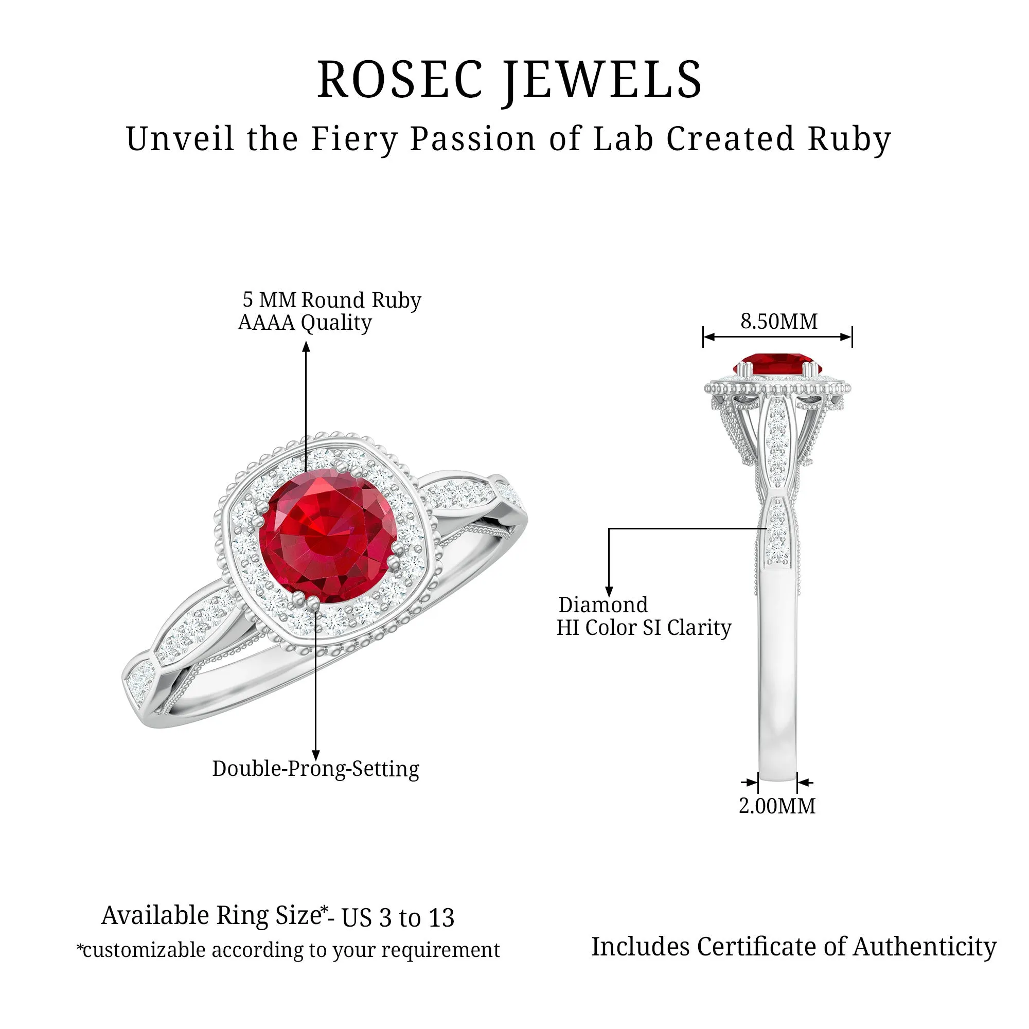 Vintage Inspired Round Created Ruby Engagement Ring with Diamond Halo