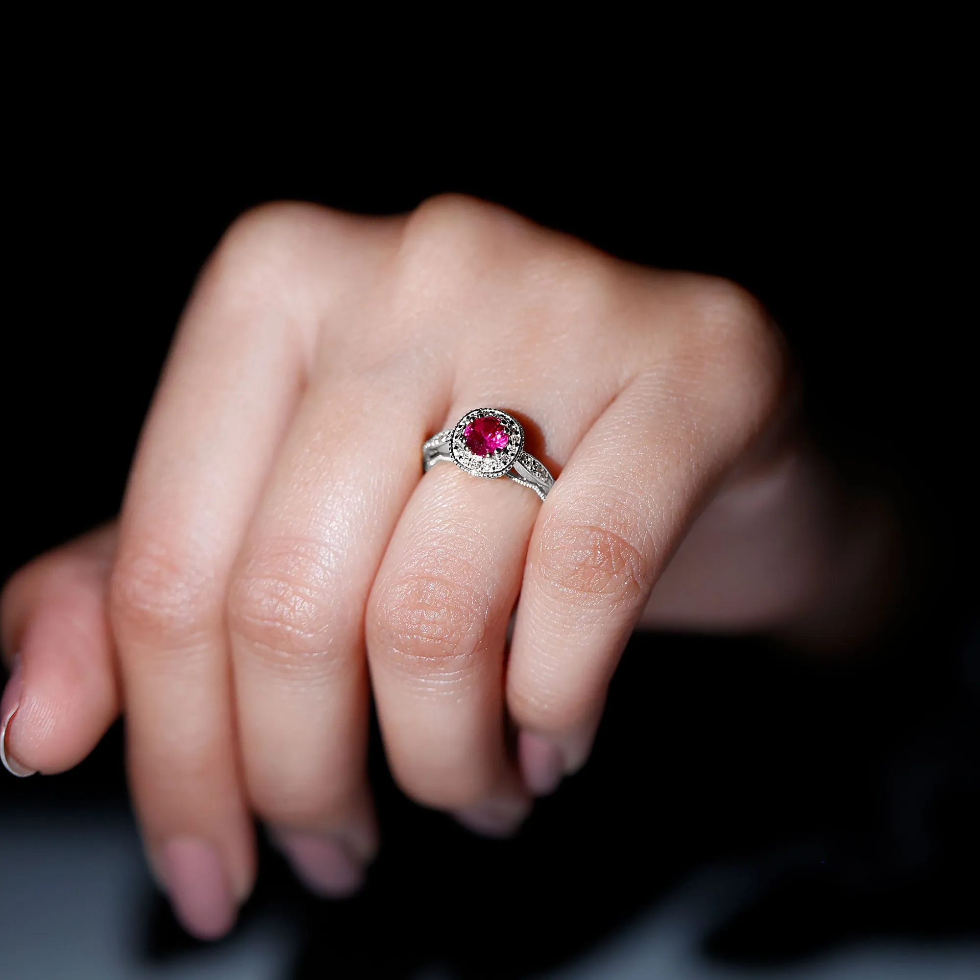 Vintage Inspired Round Created Ruby Engagement Ring with Diamond Halo