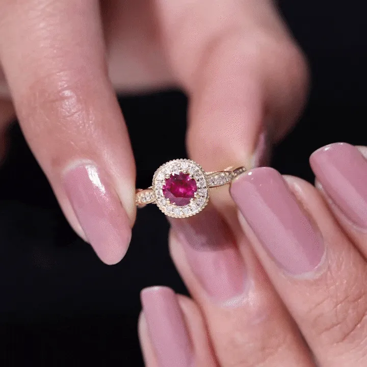 Vintage Inspired Round Created Ruby Engagement Ring with Diamond Halo