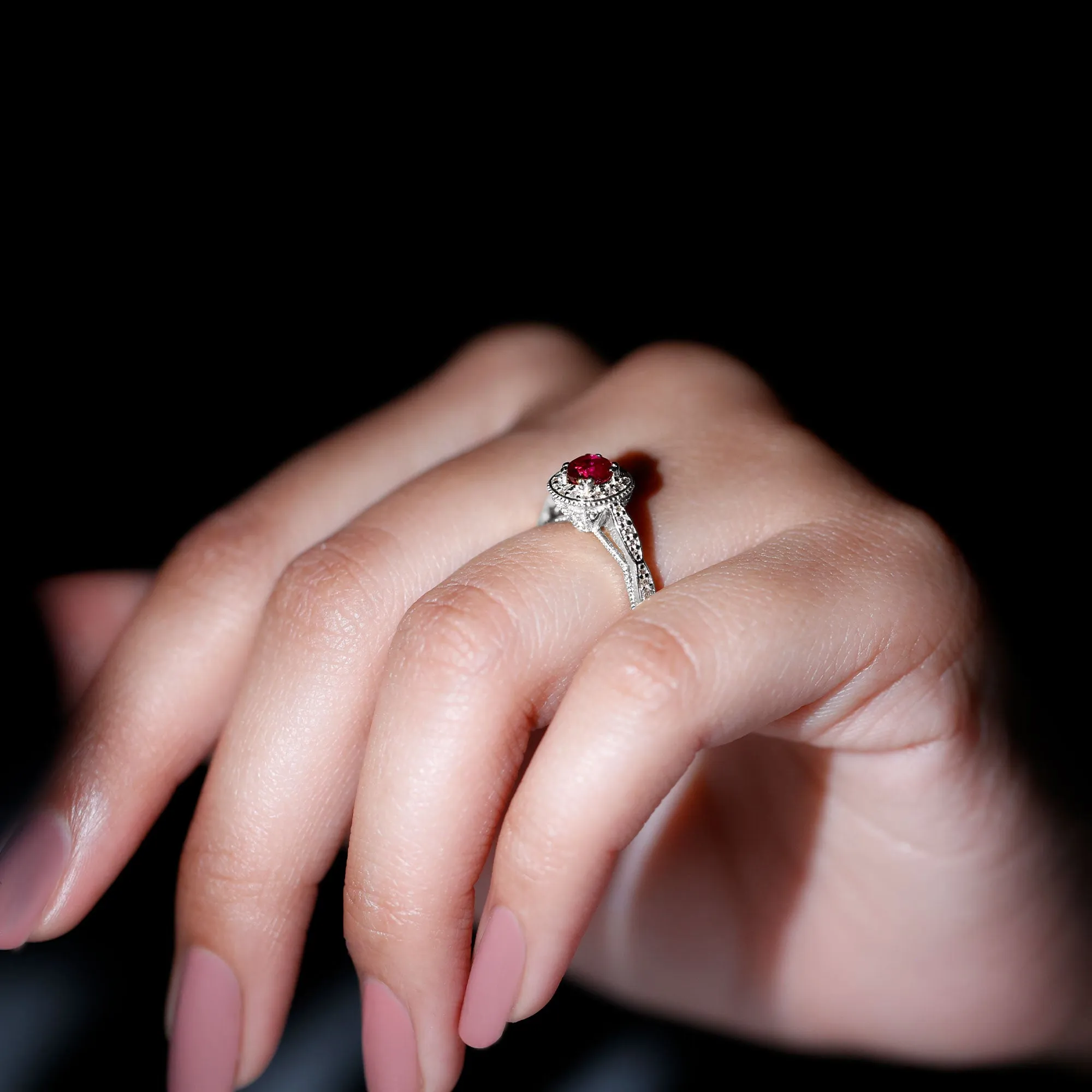 Vintage Inspired Round Created Ruby Engagement Ring with Diamond Halo