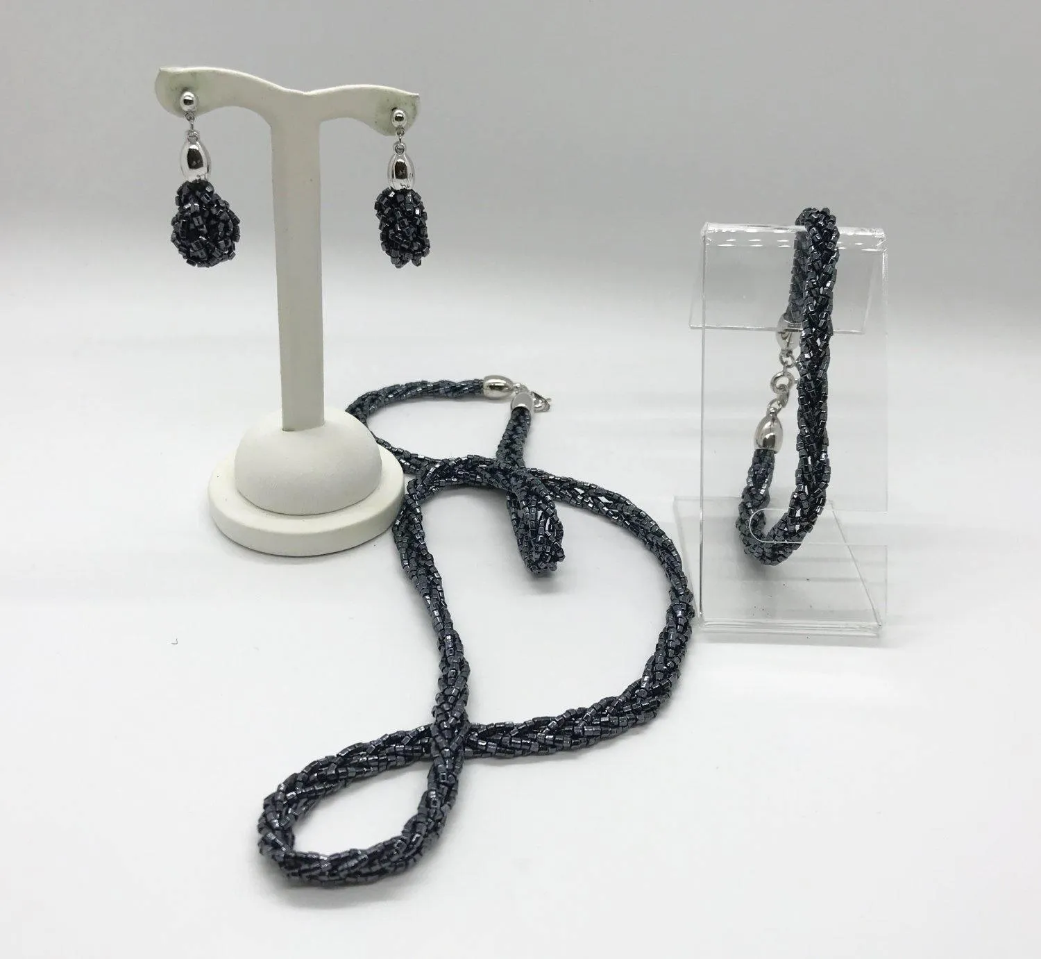 Vintage Iridescent Black Braided Beaded Trifari Set