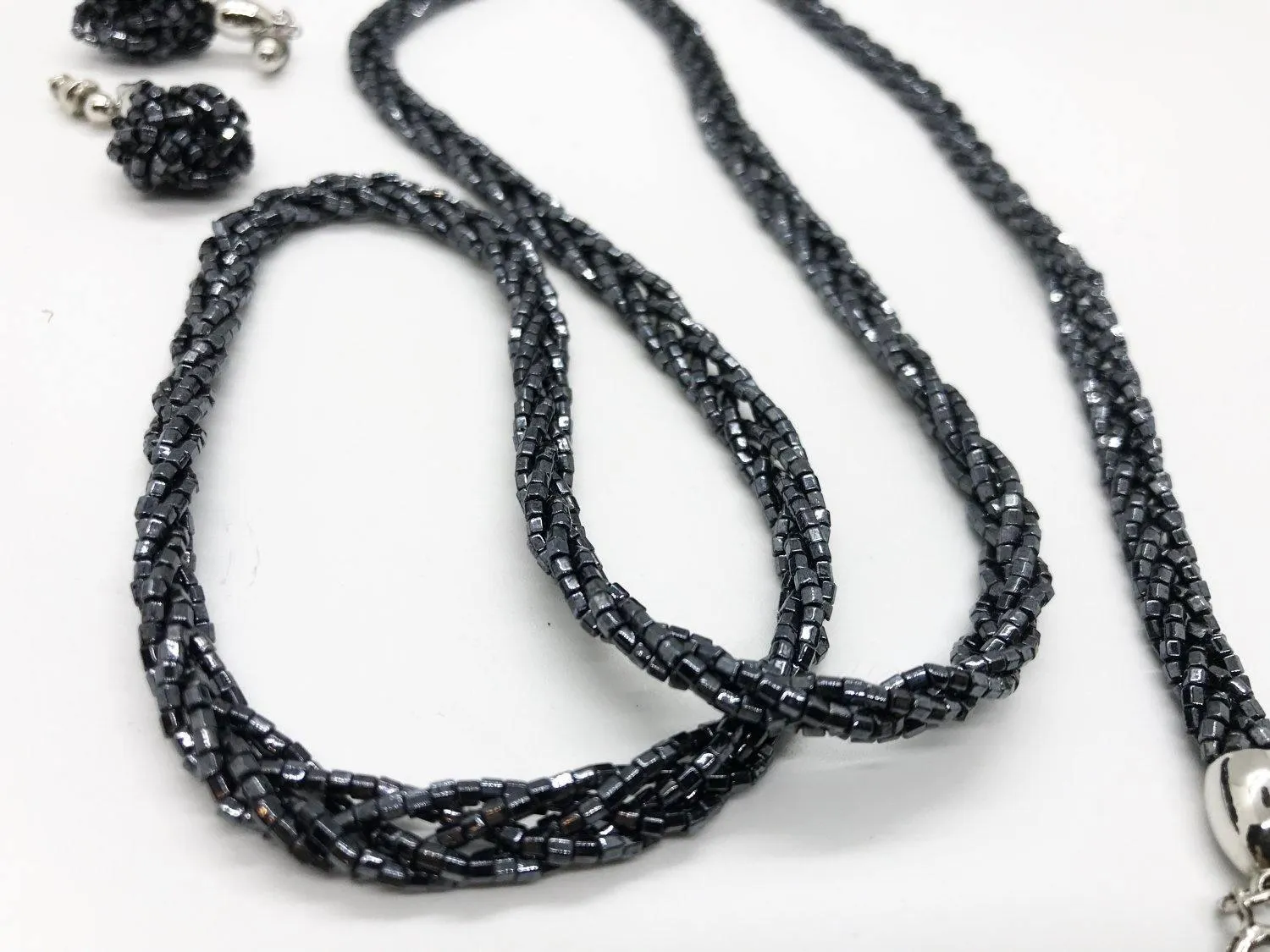 Vintage Iridescent Black Braided Beaded Trifari Set