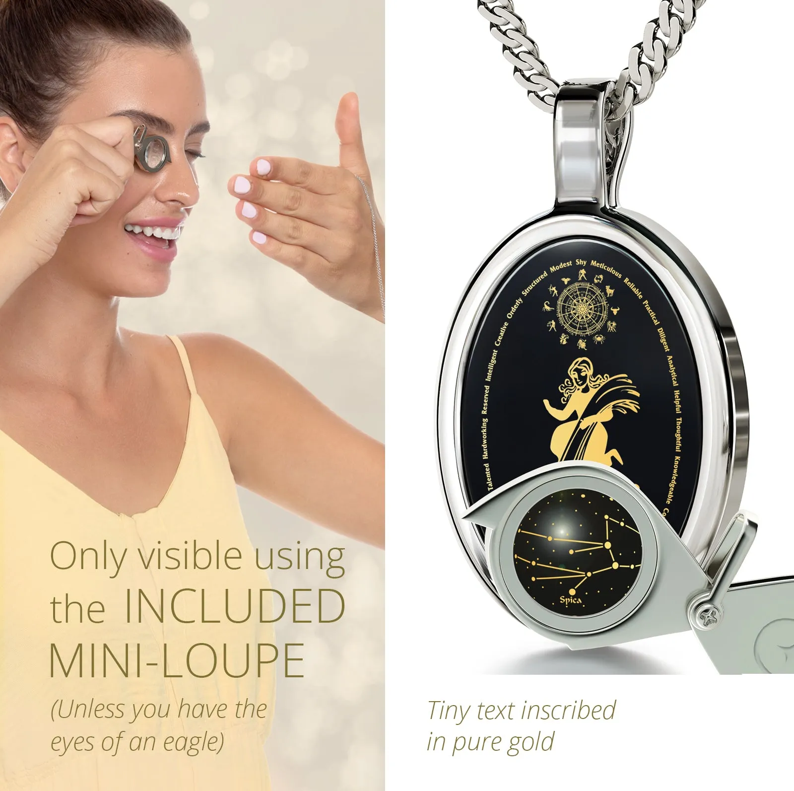 Virgo Necklace Zodiac Pendant 24k Gold Inscribed on Onyx Stone