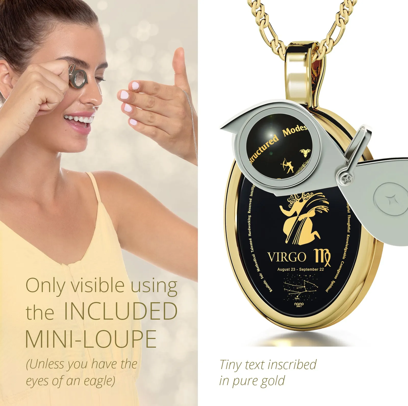 Virgo Necklace Zodiac Pendant 24k Gold Inscribed on Onyx Stone