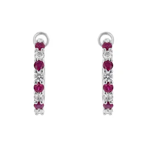 White Gold Ruby and Diamond Hoop Earrings