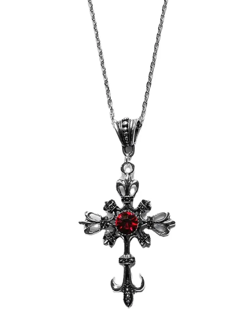 Women Gothic Ruby Cross Necklace