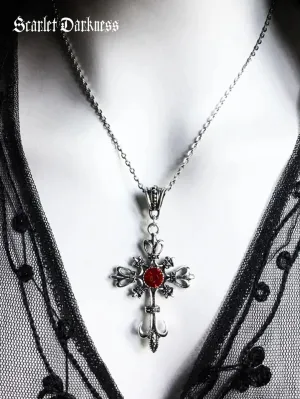 Women Gothic Ruby Cross Necklace